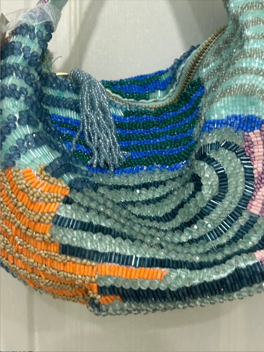 Handcrafted in India Beaded Hobo Bag Blue Abstract Colorful Design NWT - Picture 2 of 7